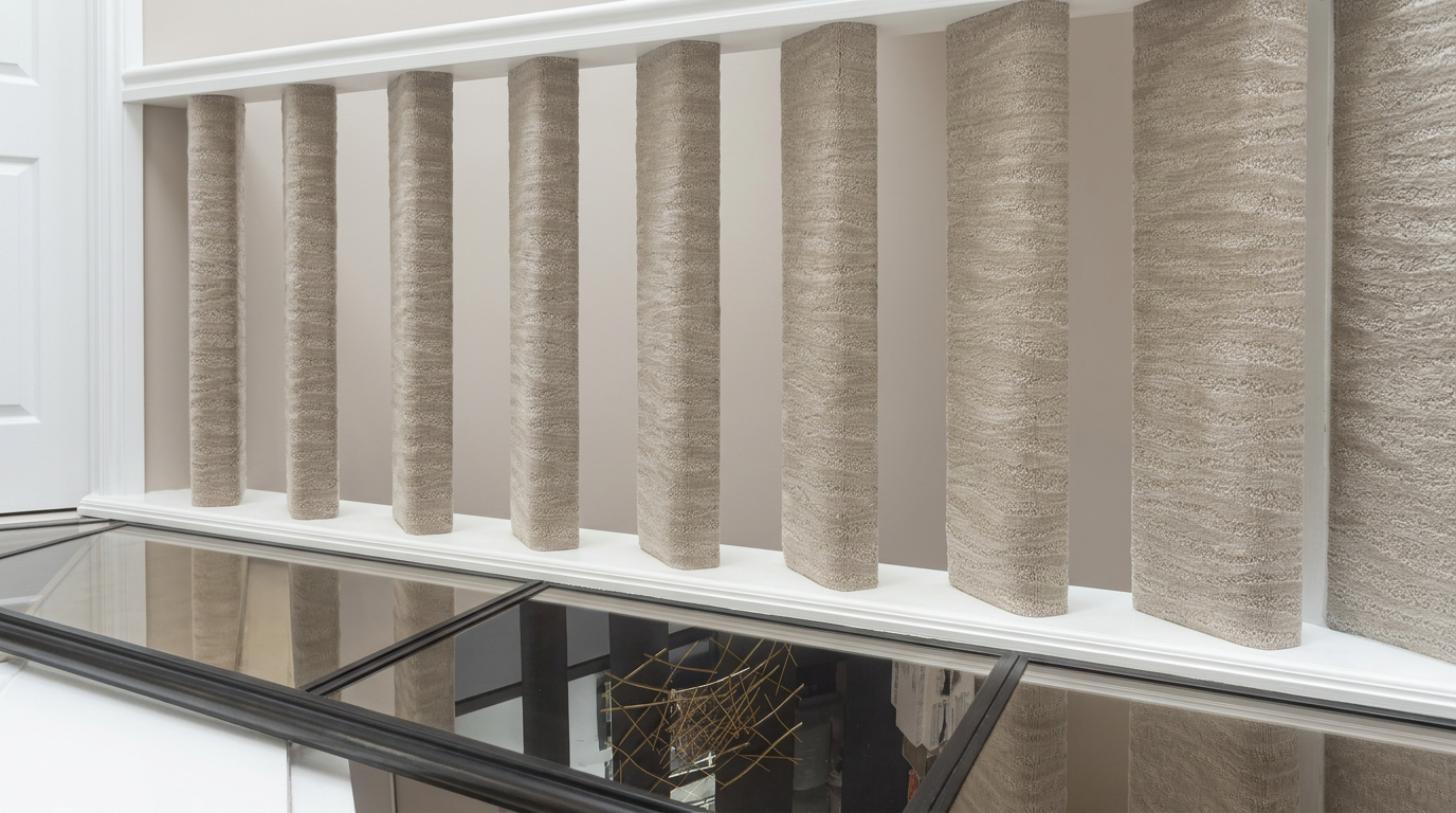Staircase railing posts wrapped in textured carpet