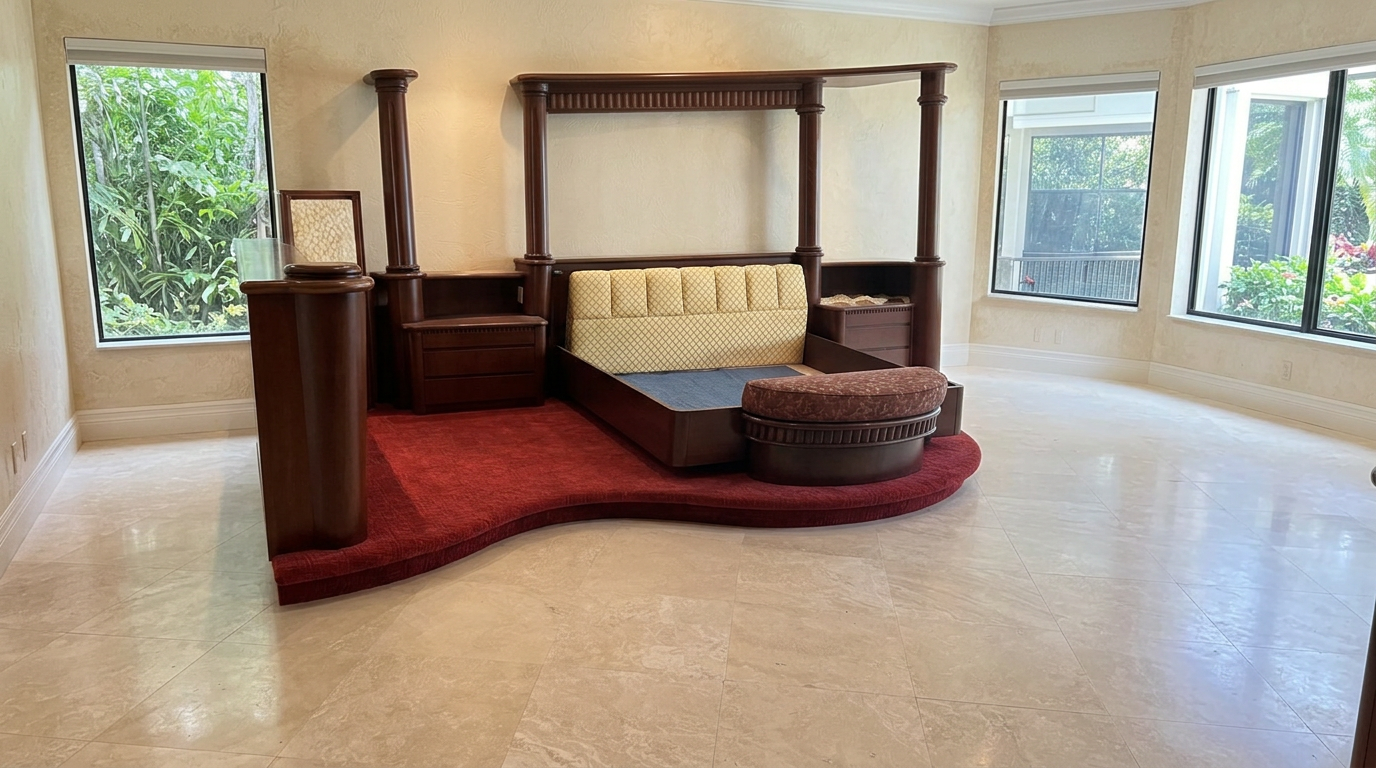 Custom curved red carpet installed around a round bed platform, meeting tile flooring